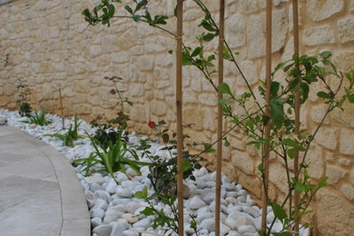 Aménagement d'un jardin avant méditerranéen de taille moyenne et au printemps avec une exposition ensoleillée et un paillis.