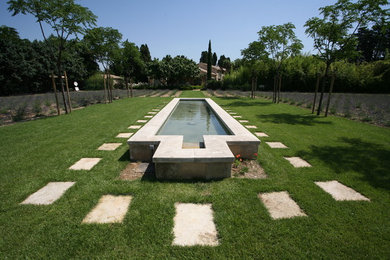 Ejemplo de jardín mediterráneo grande en patio trasero con fuente