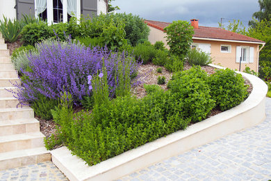 Cette image montre un petit jardin avant avec des pavés en pierre naturelle.