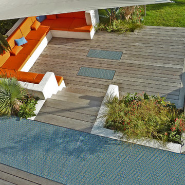 Terrasse design Ipé et verre imprimé motif rétro
