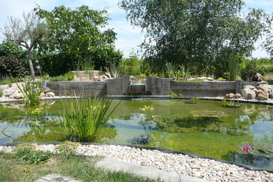 Aménagement d'un grand jardin arrière moderne l'été avec un point d'eau, une exposition ensoleillée et du gravier.
