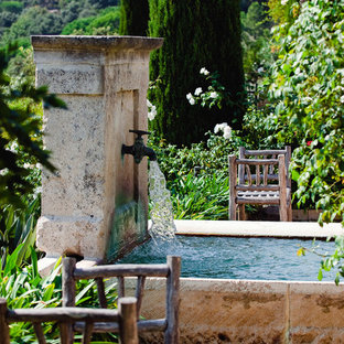 Cette image montre un grand jardin à la française arrière méditerranéen avec un point d'eau.