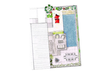 Cette image montre un jardin arrière design de taille moyenne et l'été avec un bassin, une exposition ensoleillée et une terrasse en bois.