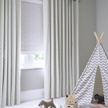 Curtains- Polaris Ivory curtains with Jive Mallow Roman blinds