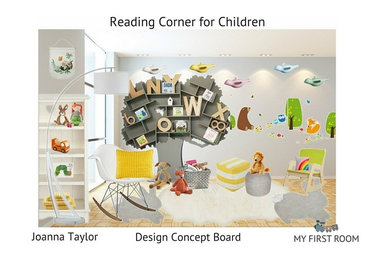 Foto de dormitorio infantil de 1 a 3 años contemporáneo grande con paredes grises y suelo de madera clara