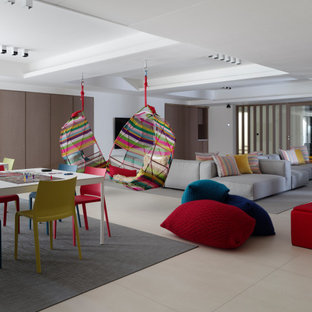 Idée de décoration pour une grand chambre d'enfant design avec un mur blanc, un sol en carrelage de céramique, un sol beige et un plafond à caissons.