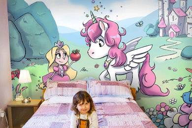 Princess and pink unicorn wallpaper mural