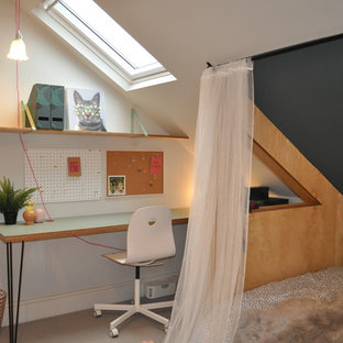 Inspiration for a contemporary gender neutral teen’s room in Other with grey walls, carpet and beige floors.