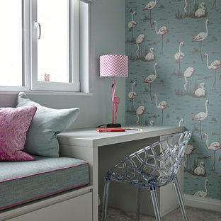 Inspiration for a medium sized contemporary kids' bedroom for girls in London with carpet, grey floors and multi-coloured walls.