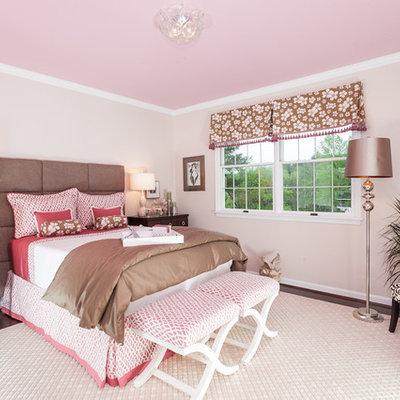Elegant girl carpeted and beige floor kids' room photo in Baltimore with pink walls