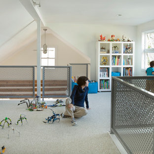 Kids' room - large contemporary gender-neutral carpeted kids' room idea in Boston with white walls
