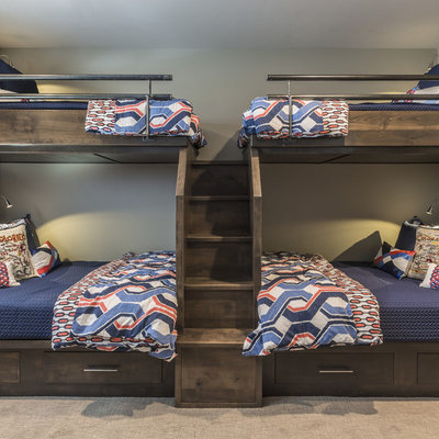 Kids' room - rustic carpeted and gray floor kids' room idea in Other with gray walls