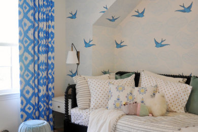 Design ideas for a small classic children’s room for girls in DC Metro with white walls, carpet and beige floors.