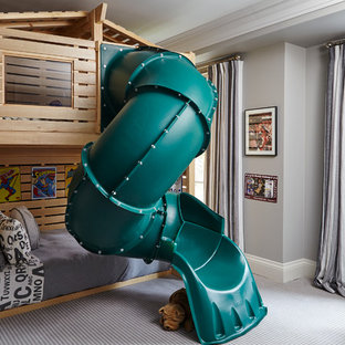 Diseño de dormitorio infantil de 4 a 10 años, de estilo americano, de tamaño medio, con paredes grises, moqueta y suelo gris
