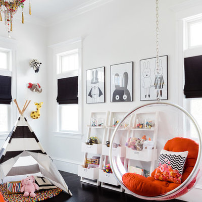 Inspiration for a transitional dark wood floor kids' room remodel in Boston with white walls
