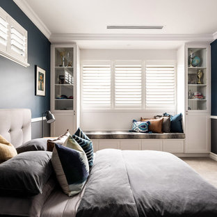 Inspiration for a transitional kids' room in Perth with blue walls, carpet and beige floor.