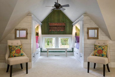 Example of a large farmhouse girl carpeted kids' room design in Other with white walls