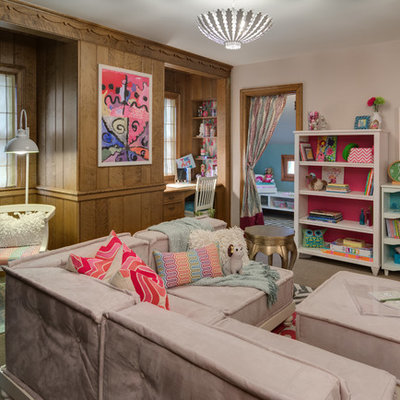 Example of a classic girl carpeted playroom design in Minneapolis with multicolored walls