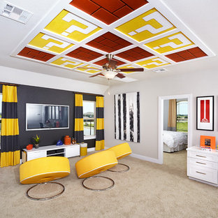 Inspiration for a contemporary gender-neutral carpeted playroom remodel in Austin with multicolored walls