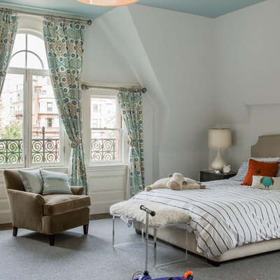 Example of a large eclectic gender-neutral carpeted and gray floor kids' room design in Boston with white walls