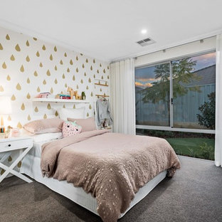 Inspiration for a mid-sized contemporary kids' bedroom for kids 4-10 years old and girls in Perth with white walls, carpet and brown floor.
