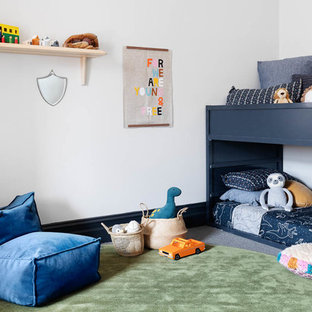 Design ideas for a mid-sized contemporary kids' room in Melbourne with carpet, grey floor and white walls.