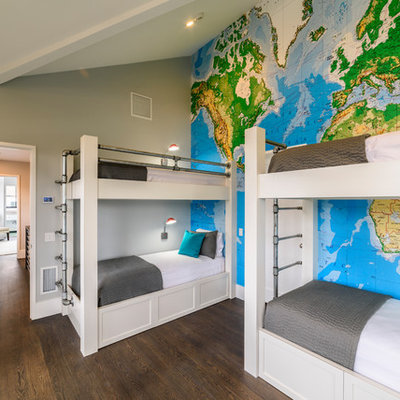 Inspiration for a coastal gender-neutral dark wood floor and brown floor kids' room remodel in New York with gray walls