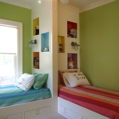Kids' room - mid-sized contemporary gender-neutral carpeted kids' room idea in Charleston with green walls