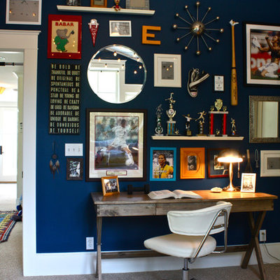Elegant gender-neutral carpeted kids' room photo in San Francisco with blue walls
