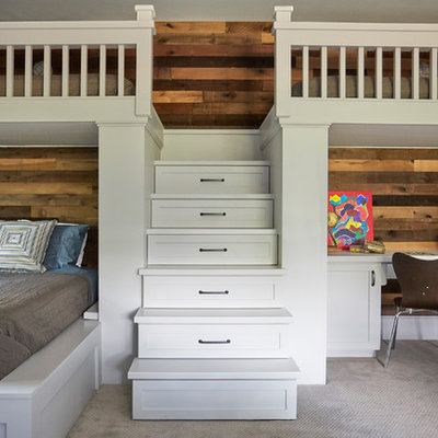 Example of a transitional gender-neutral carpeted and beige floor kids' bedroom design in Chicago with blue walls