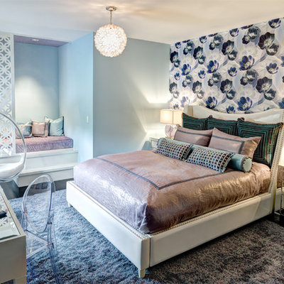 Example of a mid-sized trendy girl dark wood floor kids' room design in New York with multicolored walls