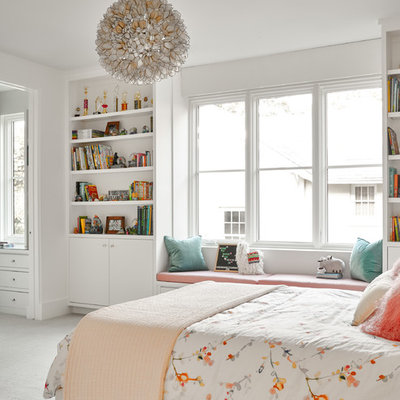 Inspiration for a mid-sized transitional girl carpeted and gray floor kids' room remodel in Dallas with white walls