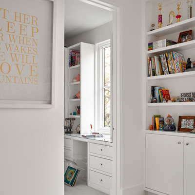 Kids' room - mid-sized transitional girl carpeted and gray floor kids' room idea in Dallas with white walls