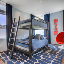 red, blue, and gray bedroom