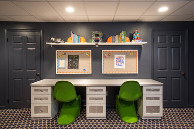 Inspiration for a mid-sized transitional gender-neutral carpeted kids' room remodel in New York with blue walls