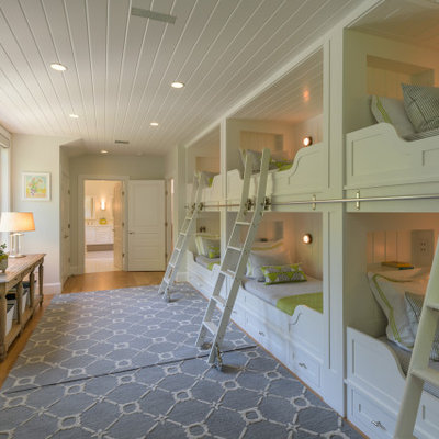 Inspiration for a transitional gender-neutral medium tone wood floor and brown floor kids' bedroom remodel in Boston with white walls