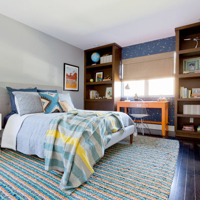 Kids' room - mid-sized transitional boy dark wood floor kids' room idea in Los Angeles with gray walls