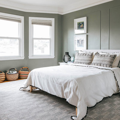 Kids' room - mid-sized transitional gender-neutral carpeted and gray floor kids' room idea in San Francisco with green walls