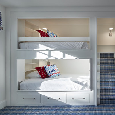 Example of a large beach style gender-neutral carpeted and blue floor kids' room design in Minneapolis with gray walls