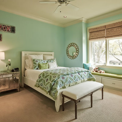 Kids' room - mid-sized traditional girl carpeted and beige floor kids' room idea in Houston with green walls