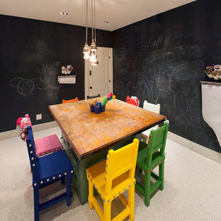 Idee per una piccola cameretta per bambini da 4 a 10 anni minimal con pareti nere e pavimento con piastrelle in ceramica