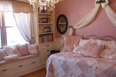 Built-in, girl's bedroom, bedroom cabinets, daybed , chandelier , pink bedroom