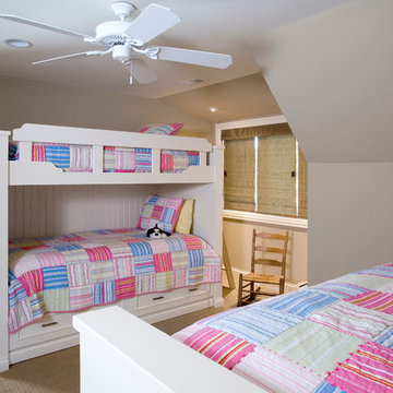 Bunky Trundle Bed Kids Bedroom with Clipped Ceiling and Roman Shades