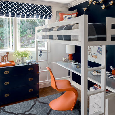 Example of a transitional boy dark wood floor childrens' room design in Other with black walls