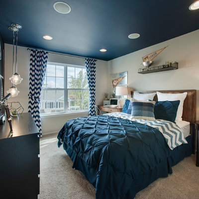 Mid-sized transitional boy carpeted and beige floor kids' room photo in Philadelphia with multicolored walls