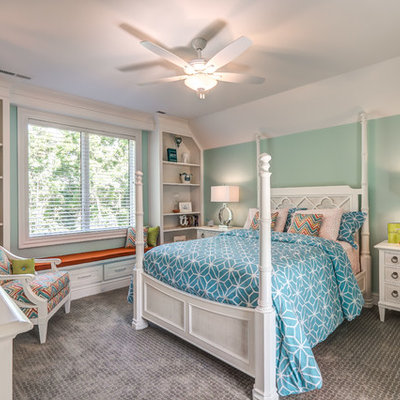 Example of a classic girl carpeted and gray floor kids' room design in Other with multicolored walls