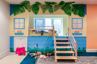 Photo of a bohemian gender neutral children’s room in Chicago with multi-coloured walls.
