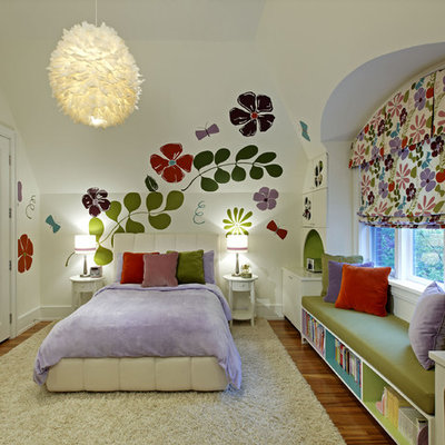 Kids' room - mid-sized contemporary girl medium tone wood floor kids' room idea in Toronto with white walls