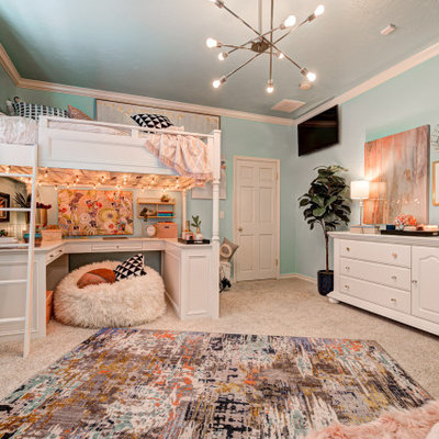 Mid-sized elegant girl carpeted and beige floor kids' room photo in Oklahoma City with blue walls