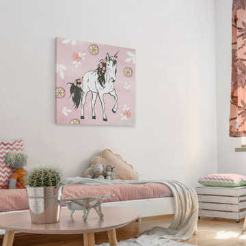 "Citrus Floral Unicorn" Painting Print on Wrapped Canvas